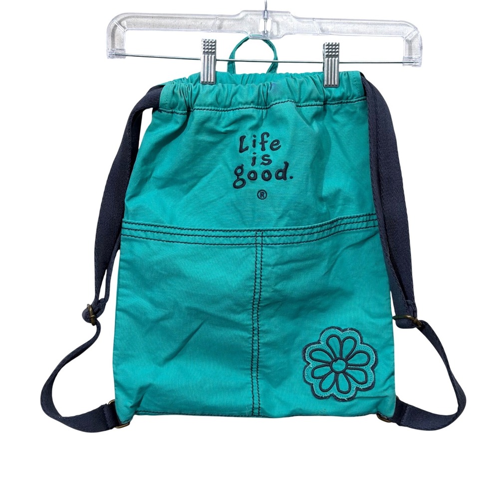 Life is Good Backpack Women OS Teal Green Drawstring Daisy Canvas Cinch Bag - Picture 1 of 14